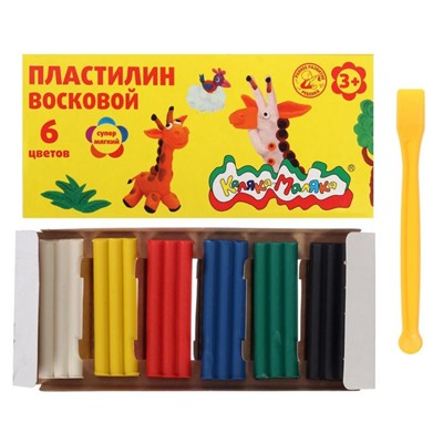 Пластилин мягкий (восковой) 6 цветов 90 г "Каляка-Маляка", со стеком