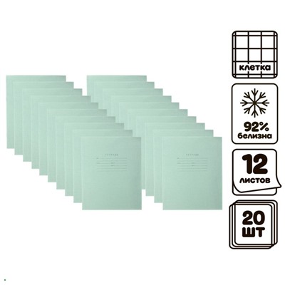 Комплект тетрадей из 20 штук, 12 листов в клетку, Зелёная обложка, блок офсет №1, белизна 92%
