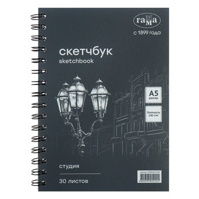 Альбом для графики А5, 148 х 210, Гамма "Студия" 30 листов 140г/м на гребне, черный