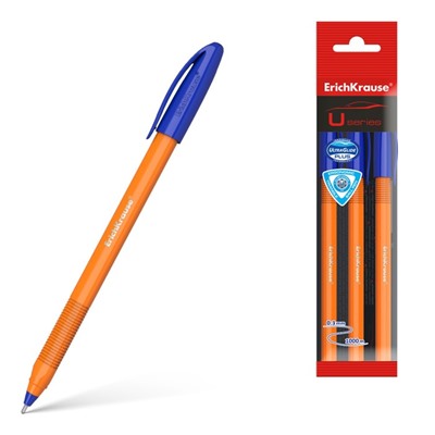 Набор ручек шариковых ErichKrause U-108 Orange Stick, 3 штуки, игольчатый узел 1.0 мм, цвет чернил синий, супермягкое письмо, корпус оранжевый